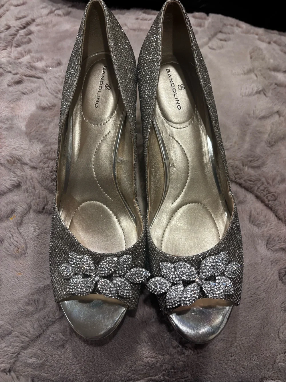 Bandolino Sparkling Silver Peep-Toe Heels with Crystal Floral Embellishment